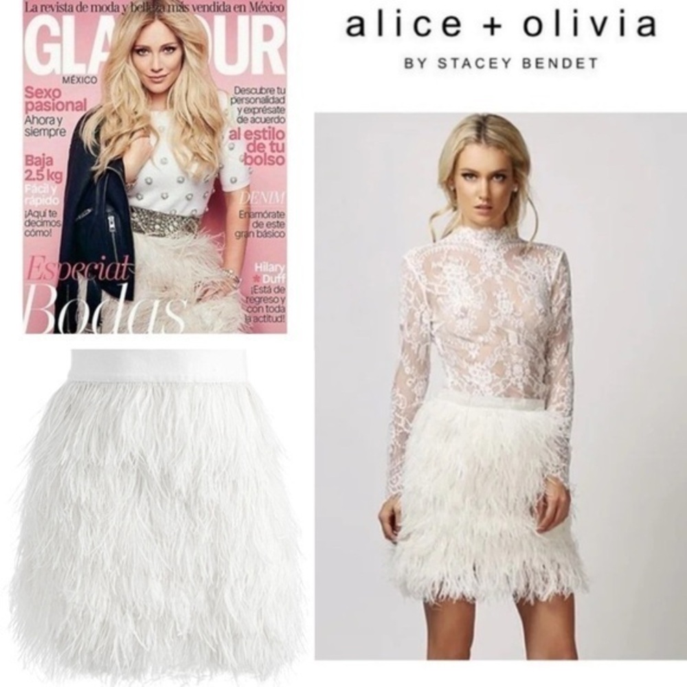 ALICE + OLIVIA Cina Ostrich Feather Skirt in White Ivory sz 995$ NWT